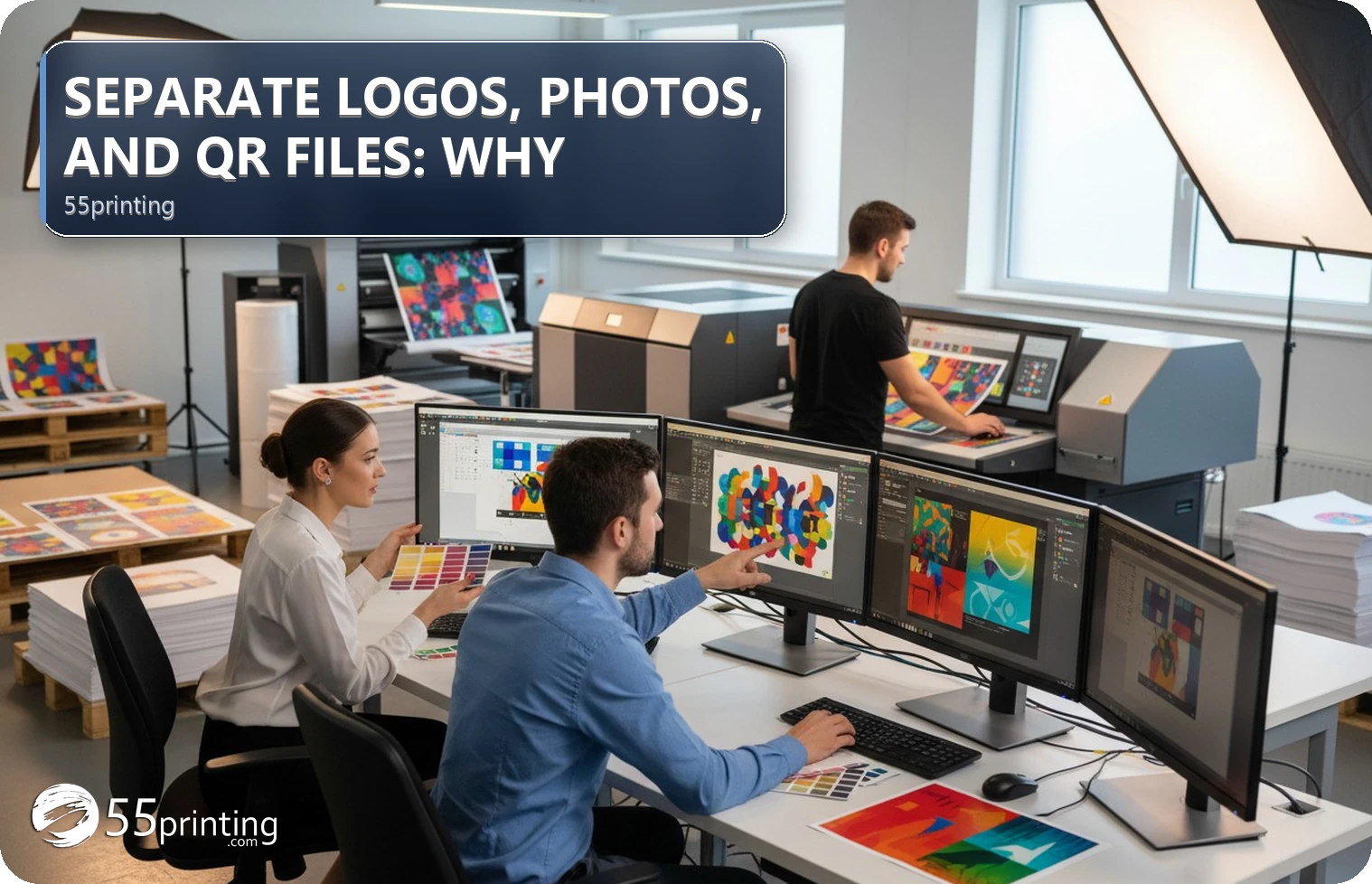 A logo, photo, and QR source are separated from a screenshot before print review