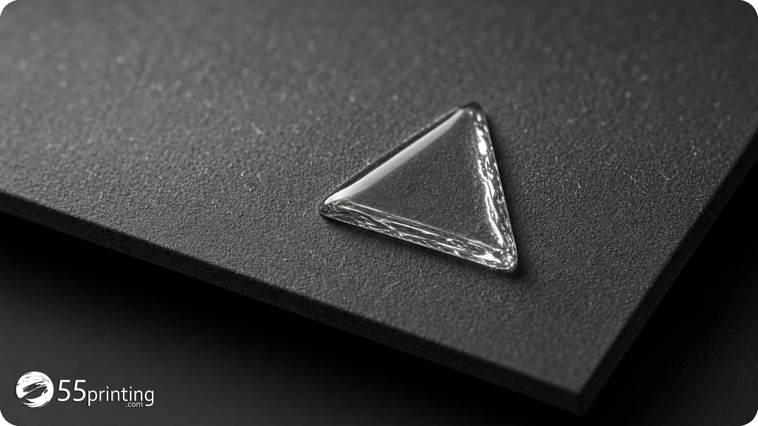 Close view of a matte card with a glossy raised mark on the logo area