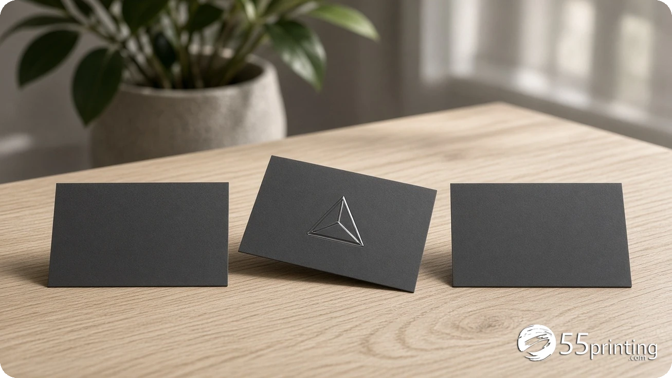 Three matte business cards on a desk, one logo catching a glossy highlight