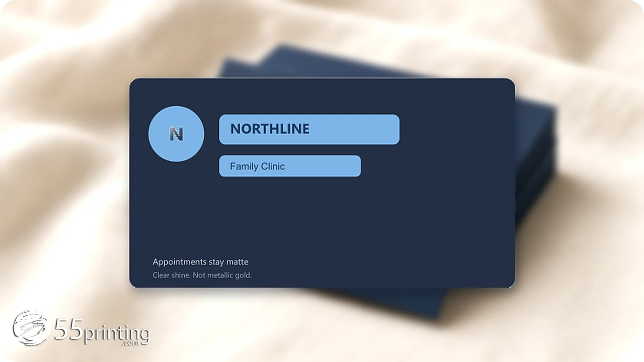 Sample card layout with the logo and name marked for clear shine
