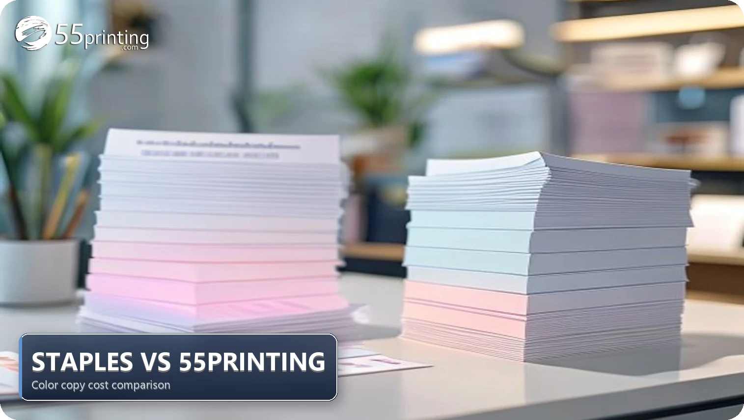 Two stacks of color copies on a desk comparing retail copy shop printing and 55printing