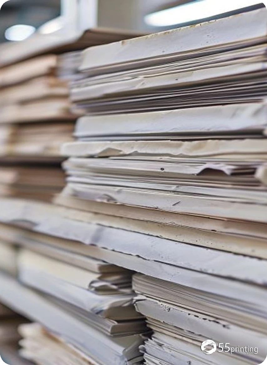 Stacks of color and black and white printed office packets