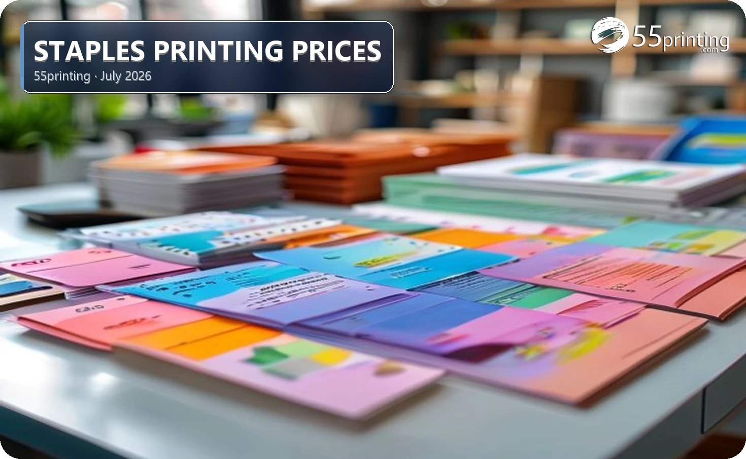 Retail print counter with colorful document packets and poster samples