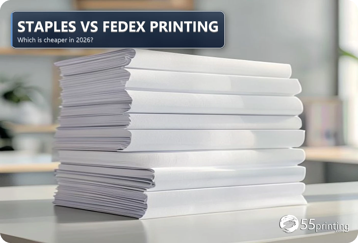 Two stacks of color copy documents on an office desk for a Staples versus FedEx printing cost comparison