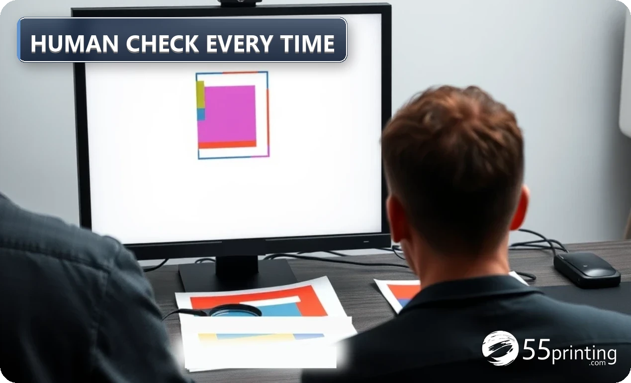 Print designer comparing an English artwork file and its translated version side by side on a calibrated screen