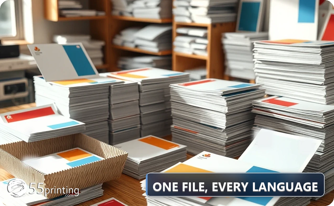 Printed postcards, business cards, and menus in two languages stacked on a mail table ready for an EDDM route