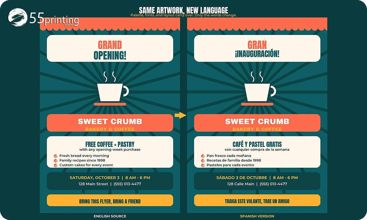 Before and after sample of a bakery flyer converted from English to Spanish with identical teal, coral, and cream palette
