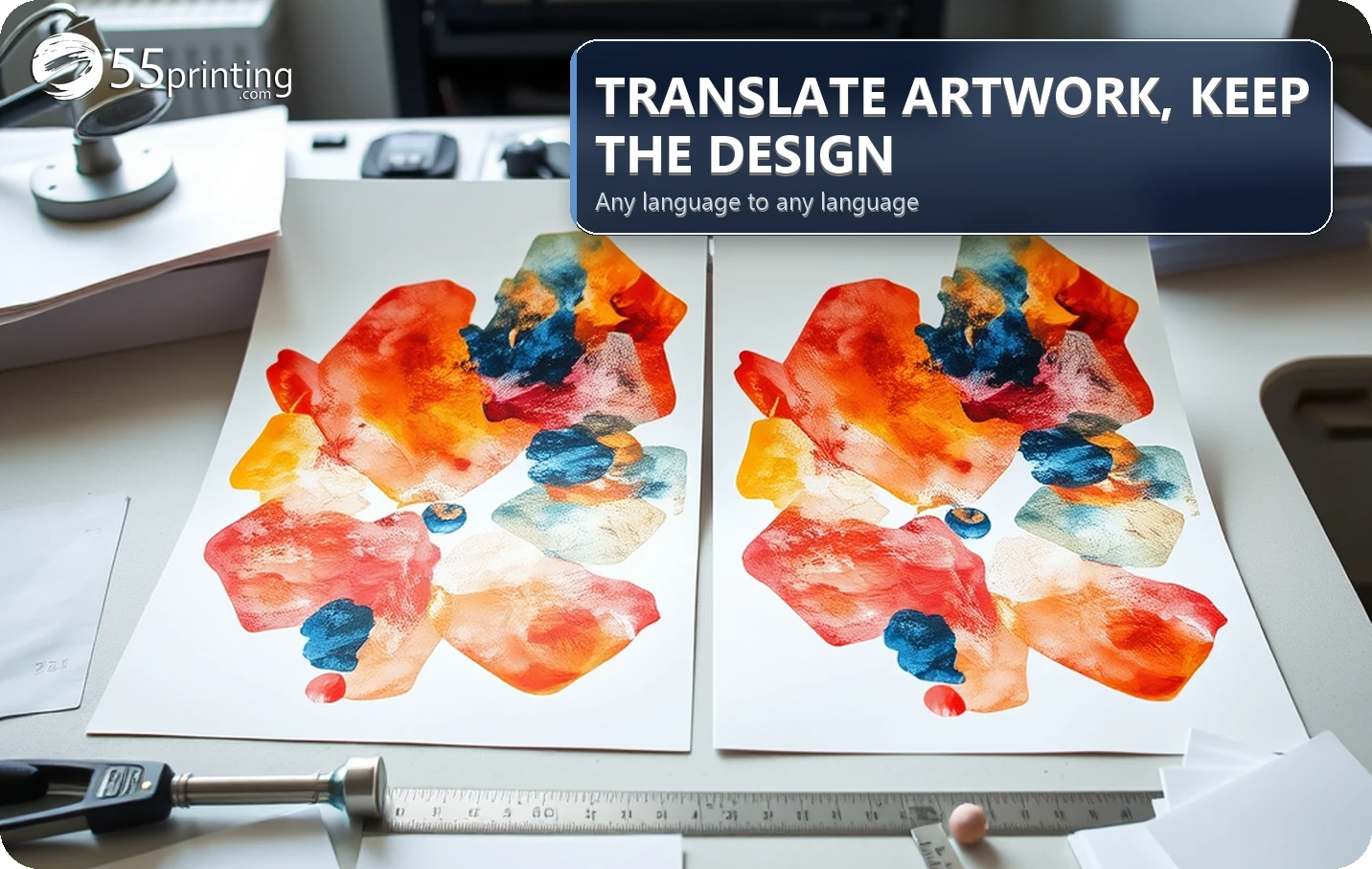 Two identical printed flyers on a print desk, artwork translated to another language with the design kept the same