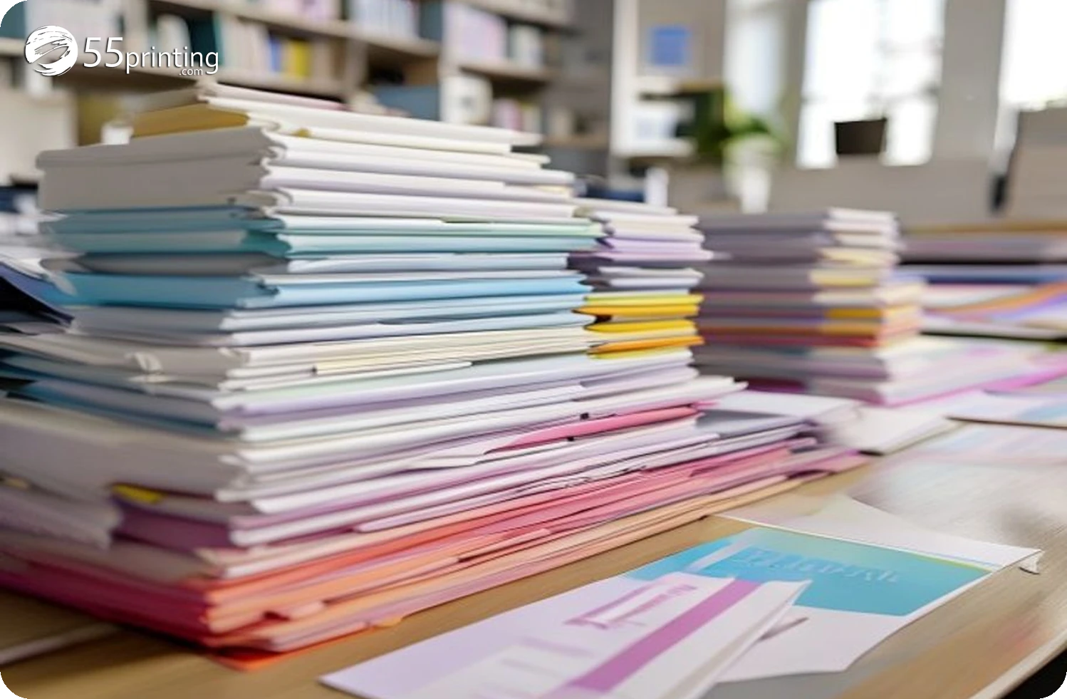 Neat piles of printed color worksheets ready for office distribution