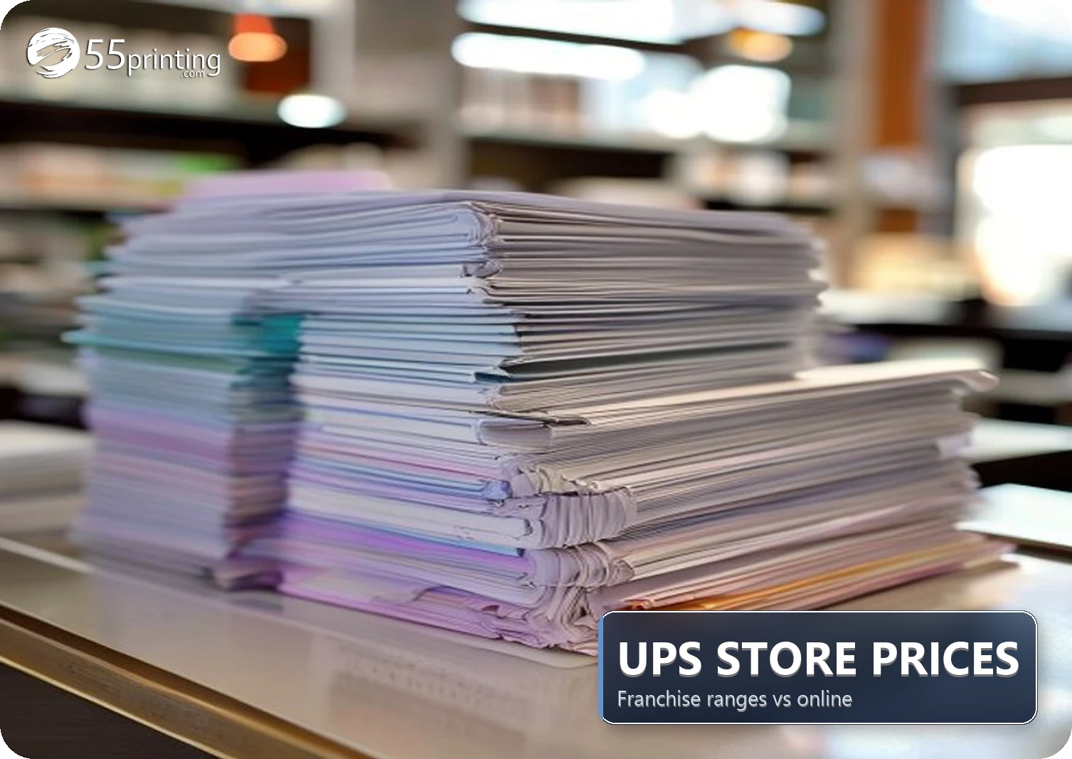 Stacks of color document copies compared with retail print counter service