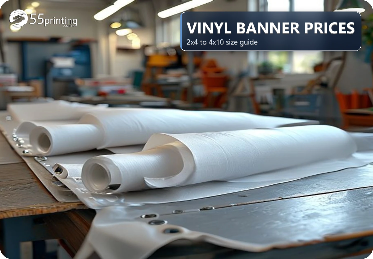 Full-color outdoor vinyl banner hanging on a storefront fence