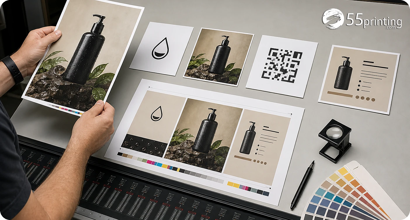 A first-proof note labels the product, source version, approved assets, requested change, and review questions