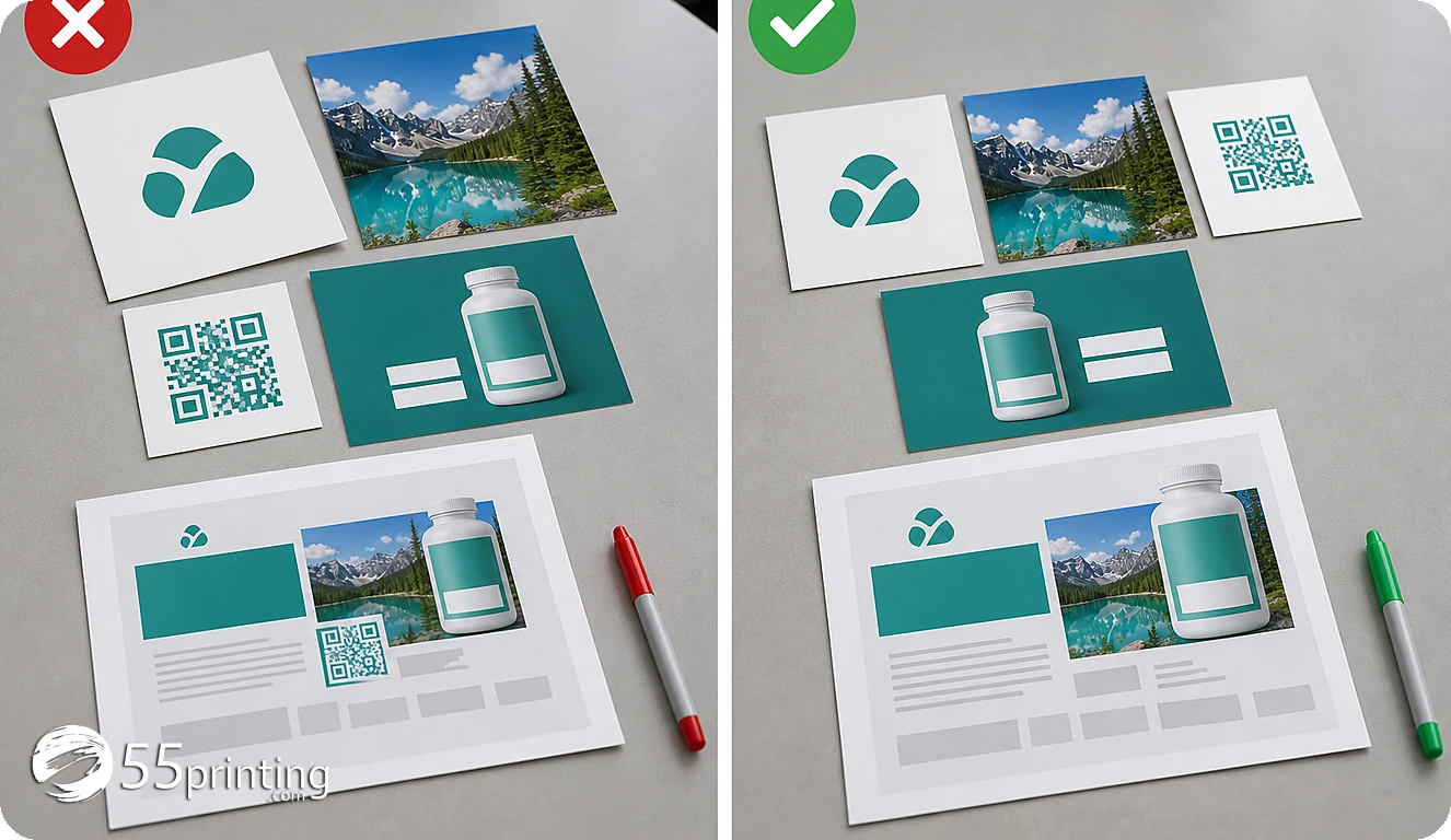A first proof compares source artwork, separate assets, product template, and the named review questions