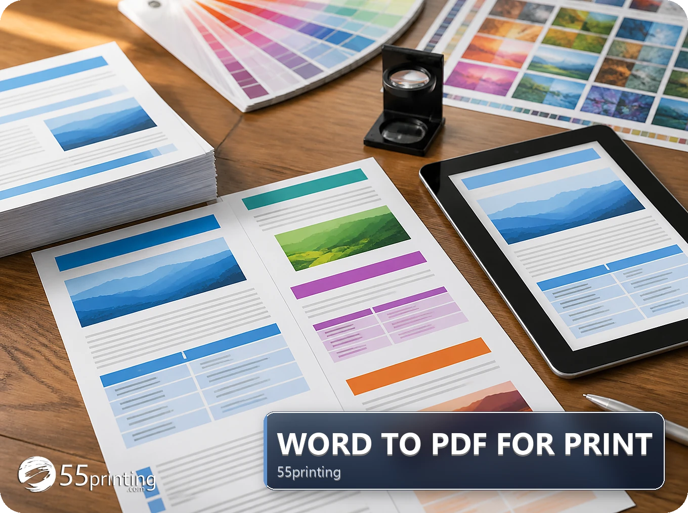 Colorful document proofs compared with a tablet page preview
