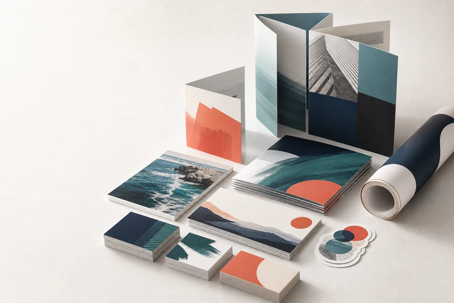 Assorted printed cards, brochures, postcards, and a banner arranged as a professional print sample collection