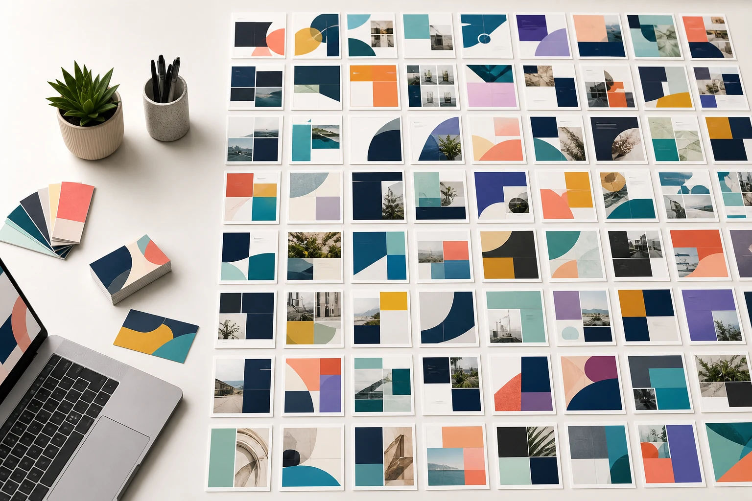 A large organized grid of colorful predesigned print layouts in a design studio